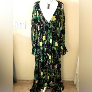 Olivaceous Black and Green Floral Long Sleeve Sheer Dress w/Illusion Mini Under